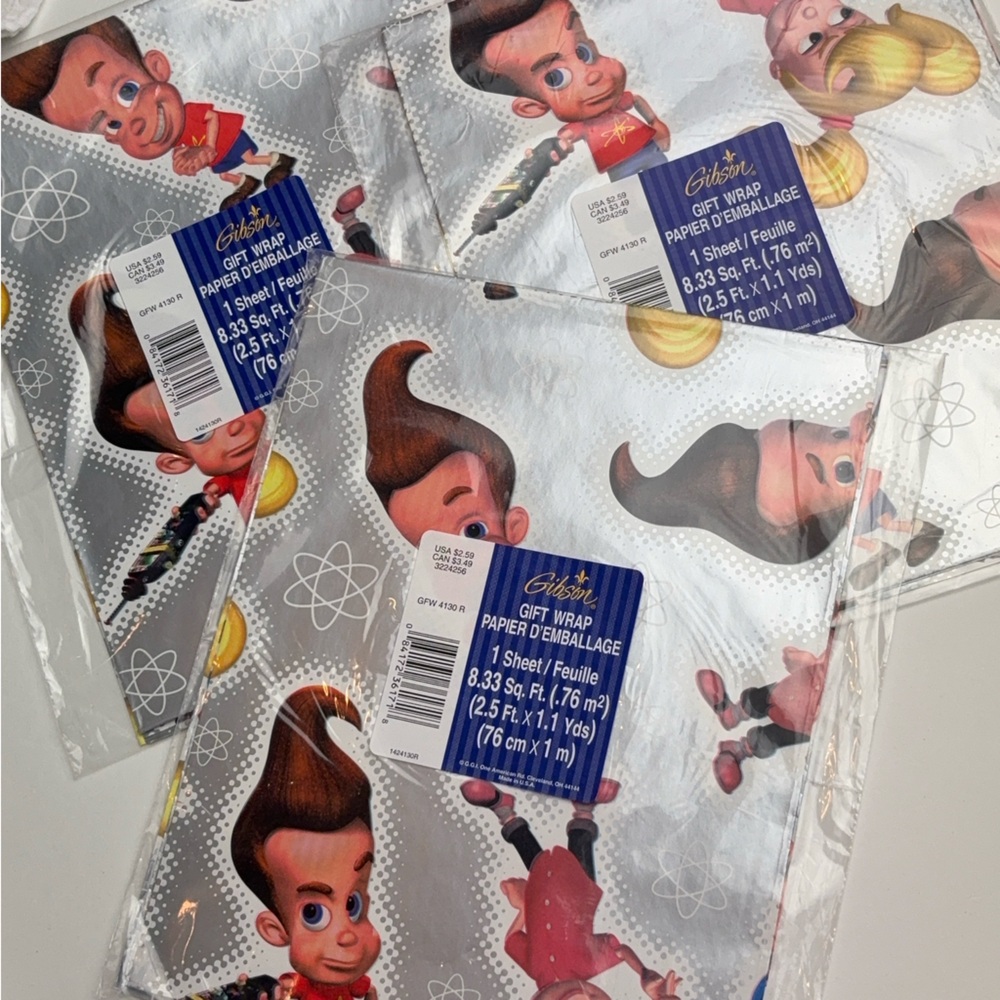 Vtg Jimmy Neutron Gift Wrap 3 Pack Lot Cindy Vortex 8 sf Folded Paper Sheets nos